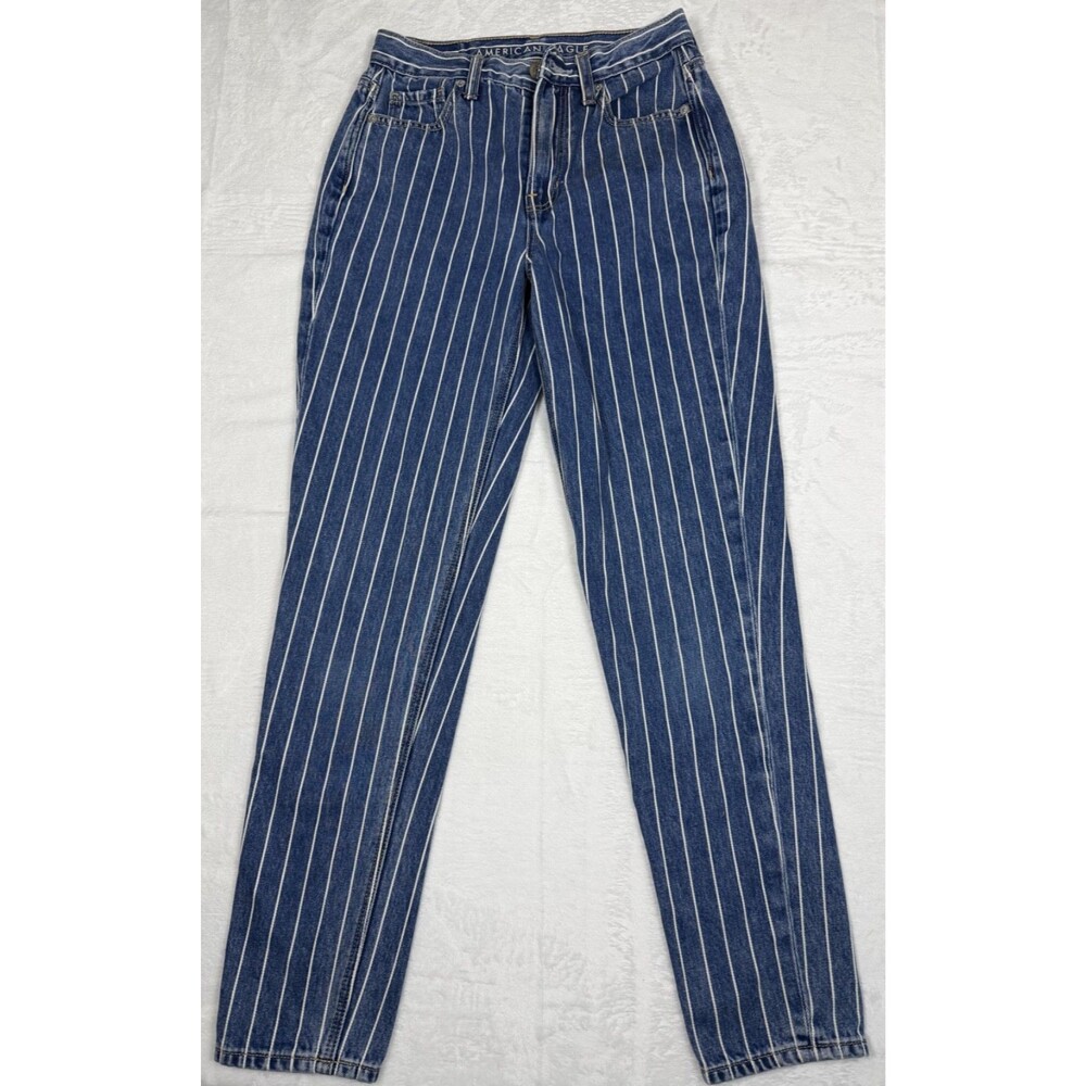 American Eagle Womens 00 Mom Jeans Blue White Stripe Relaxed Casual Denim